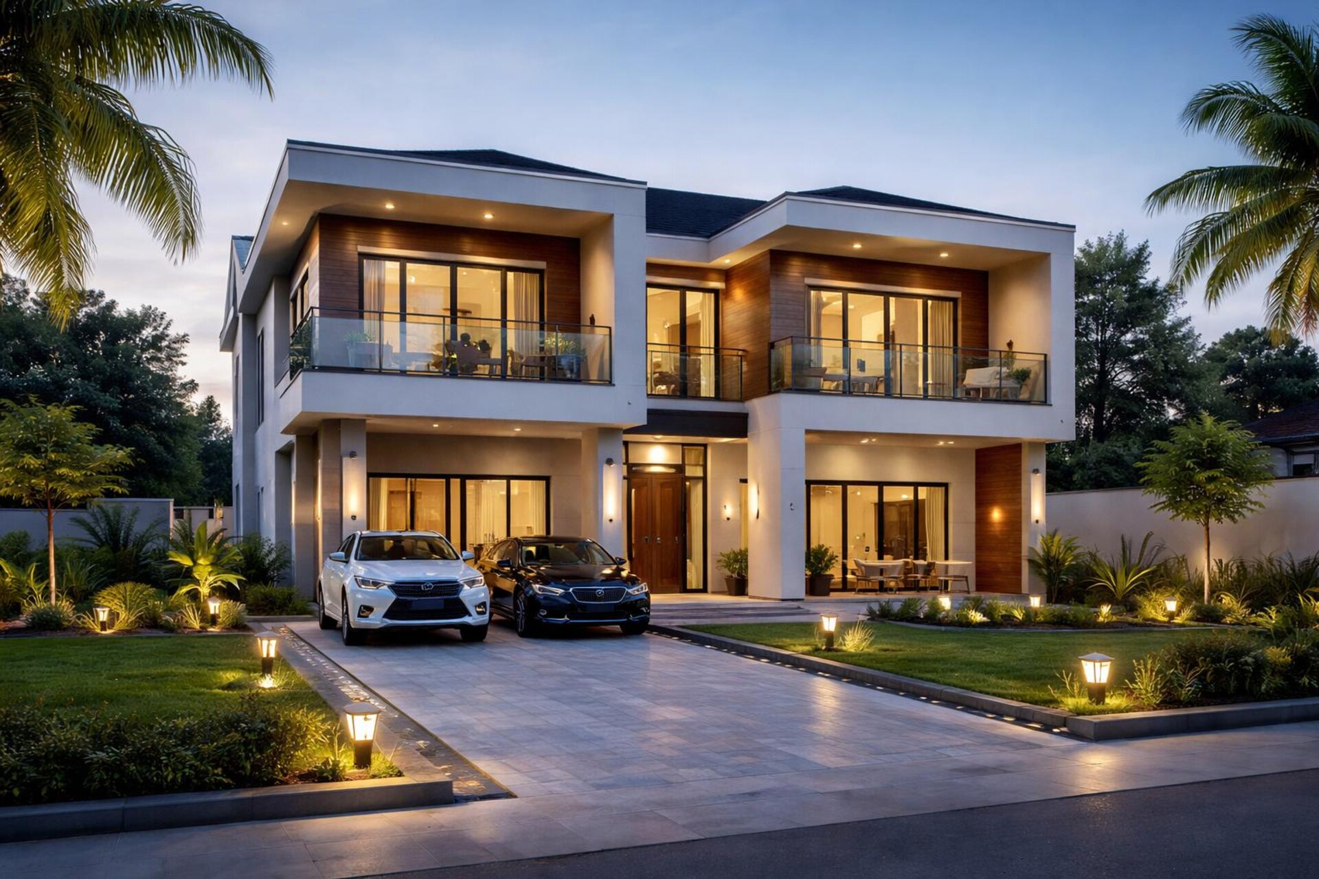Contemporary Nigerian luxury duplex at dusk, with warm architectural lighting and landscaped gardens