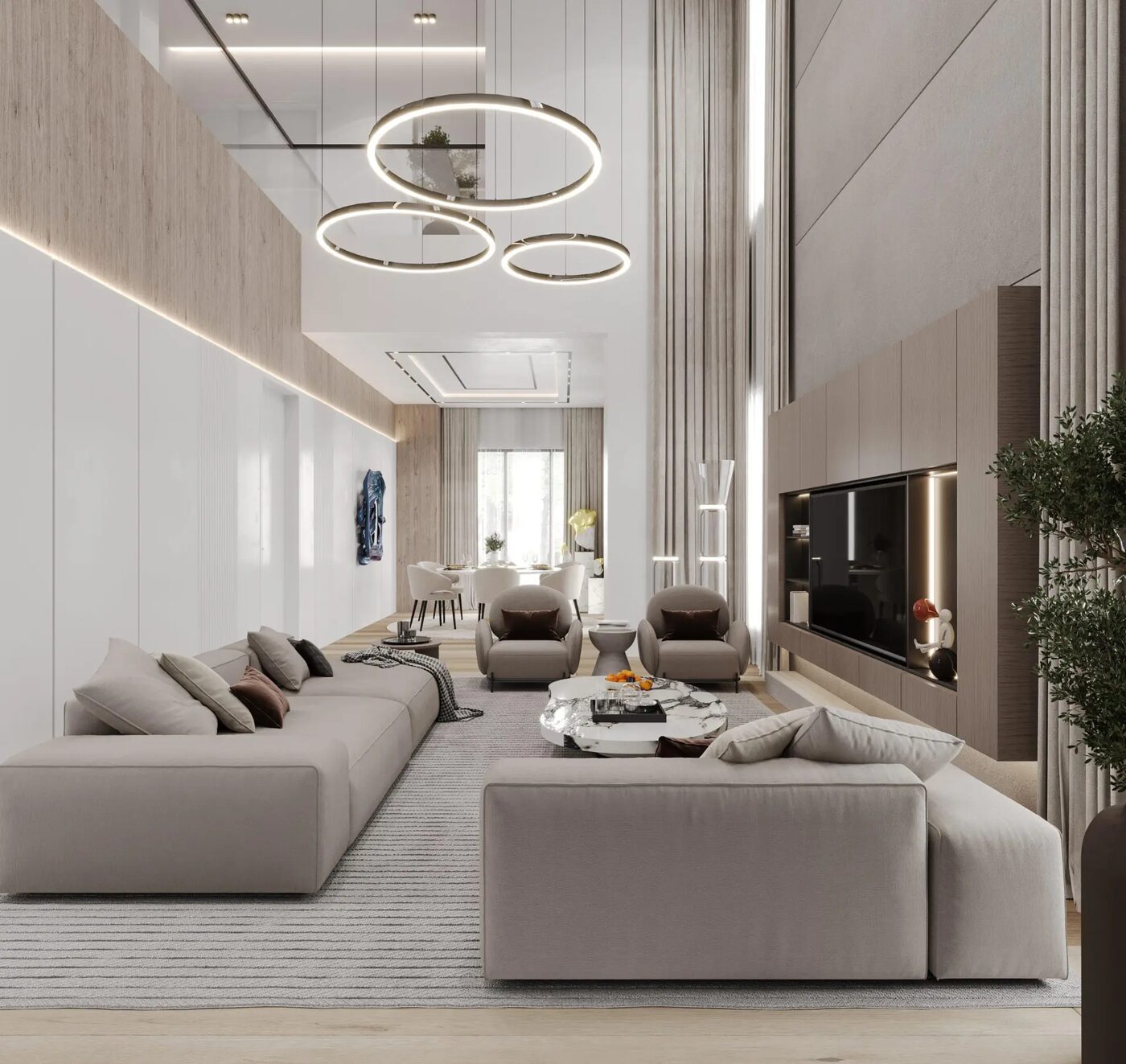 Premium residential interior with double-height living space, ring pendant lights and neutral furnishings