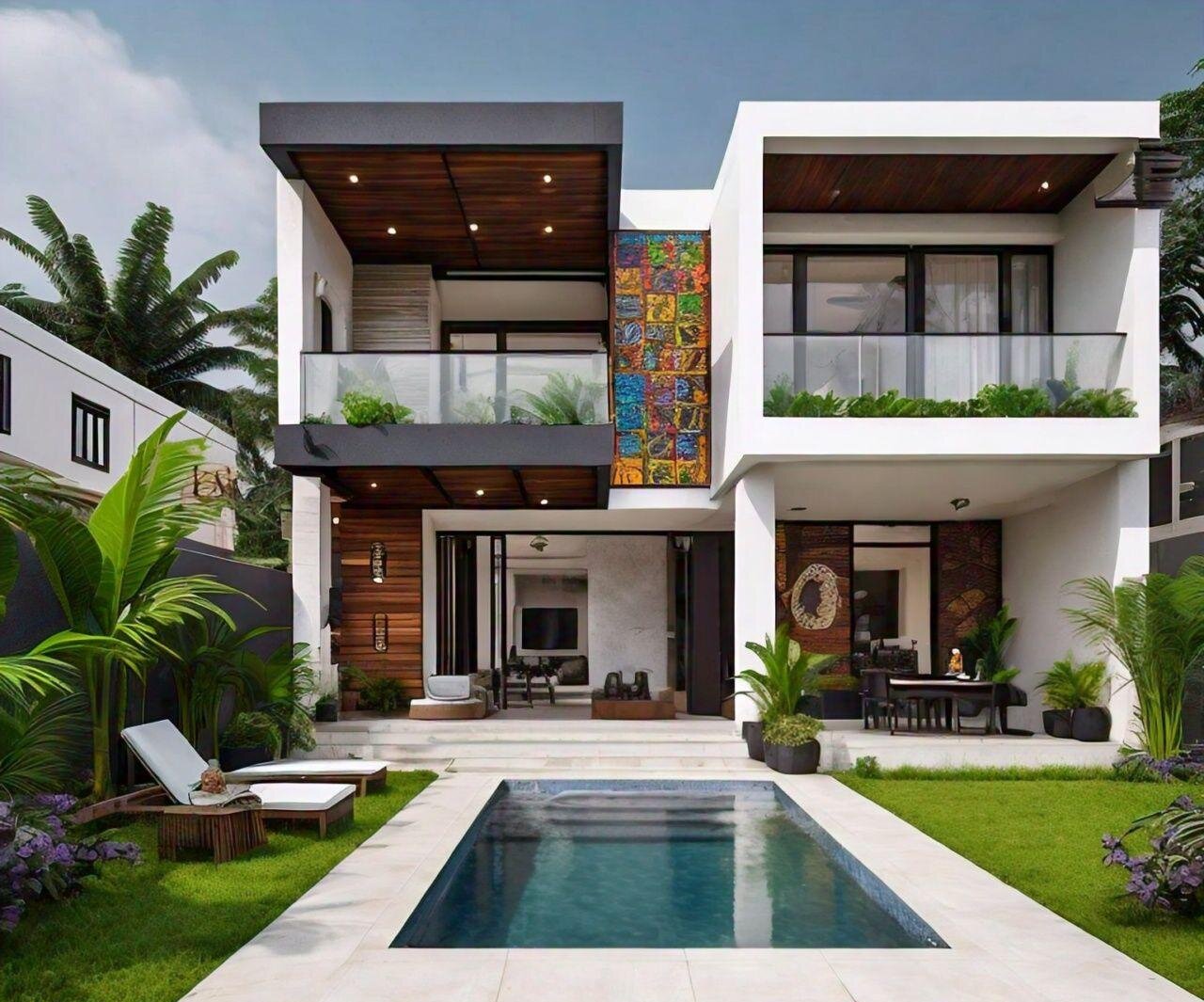 Modern two-storey residence with wooden soffits, glass balconies and a private pool surrounded by tropical planting